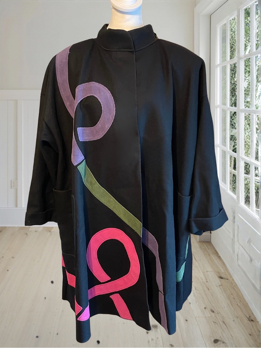 Vintage OSGOOD SMÜK Women’s Wool Swing Coat 80s Wearable Art Suede Jacket OSFM - Picture 3 of 16